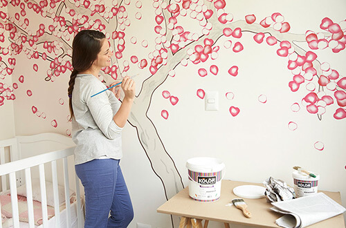 decoracin en muro con pintura, rbol de cerezos DIY