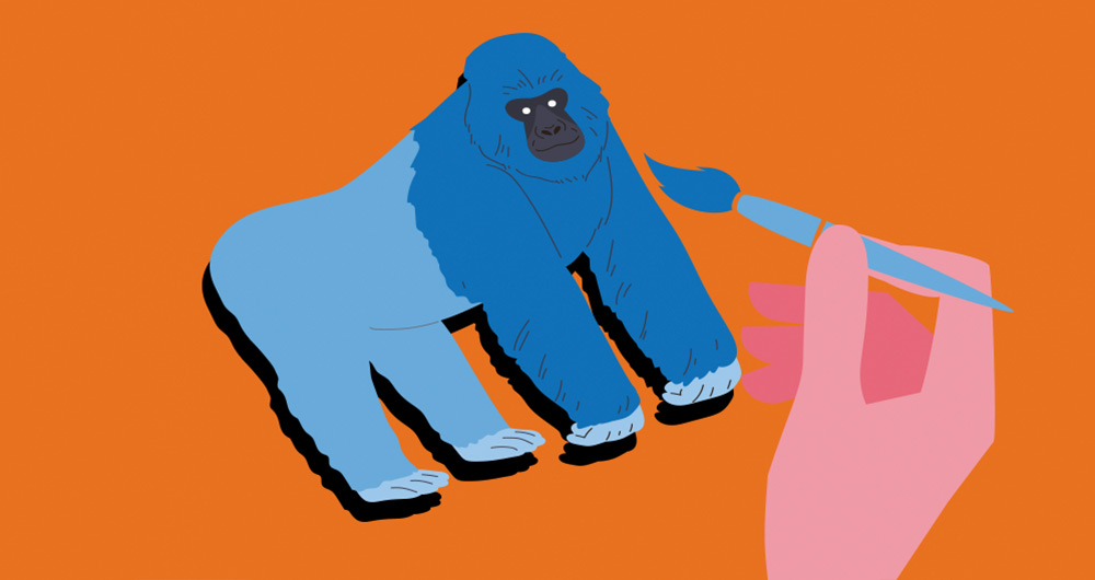 persona pintanto gorila decorativo de color azul