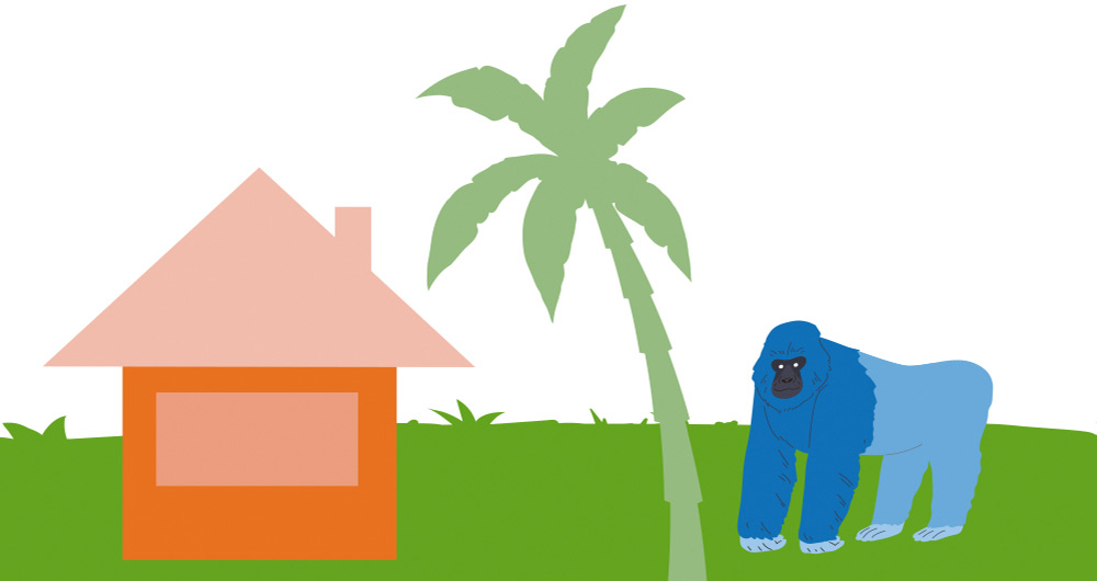 pared con palmera verde, gorila azul y casa naranja